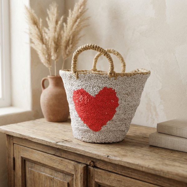 Capazo de Palma Pequeño Blanco Corazón Rojo