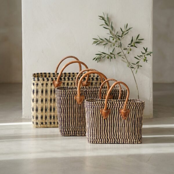 Capazos Rectangulares de Junquillo con Asa de Piel – Pack de 3