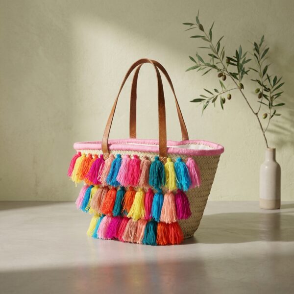 Capazo de Palma Borlas Multicolor - Asa de Piel