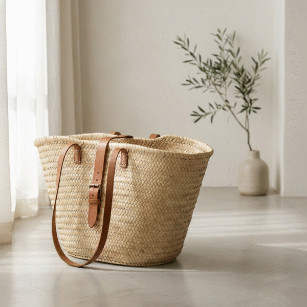 Capazo de Playa de Palma Natural con Asas de Piel y Cierre Hebilla