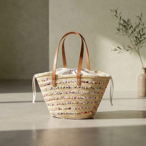 Capazo de Playa con Lentejuelas Multicolor - Asa de Piel